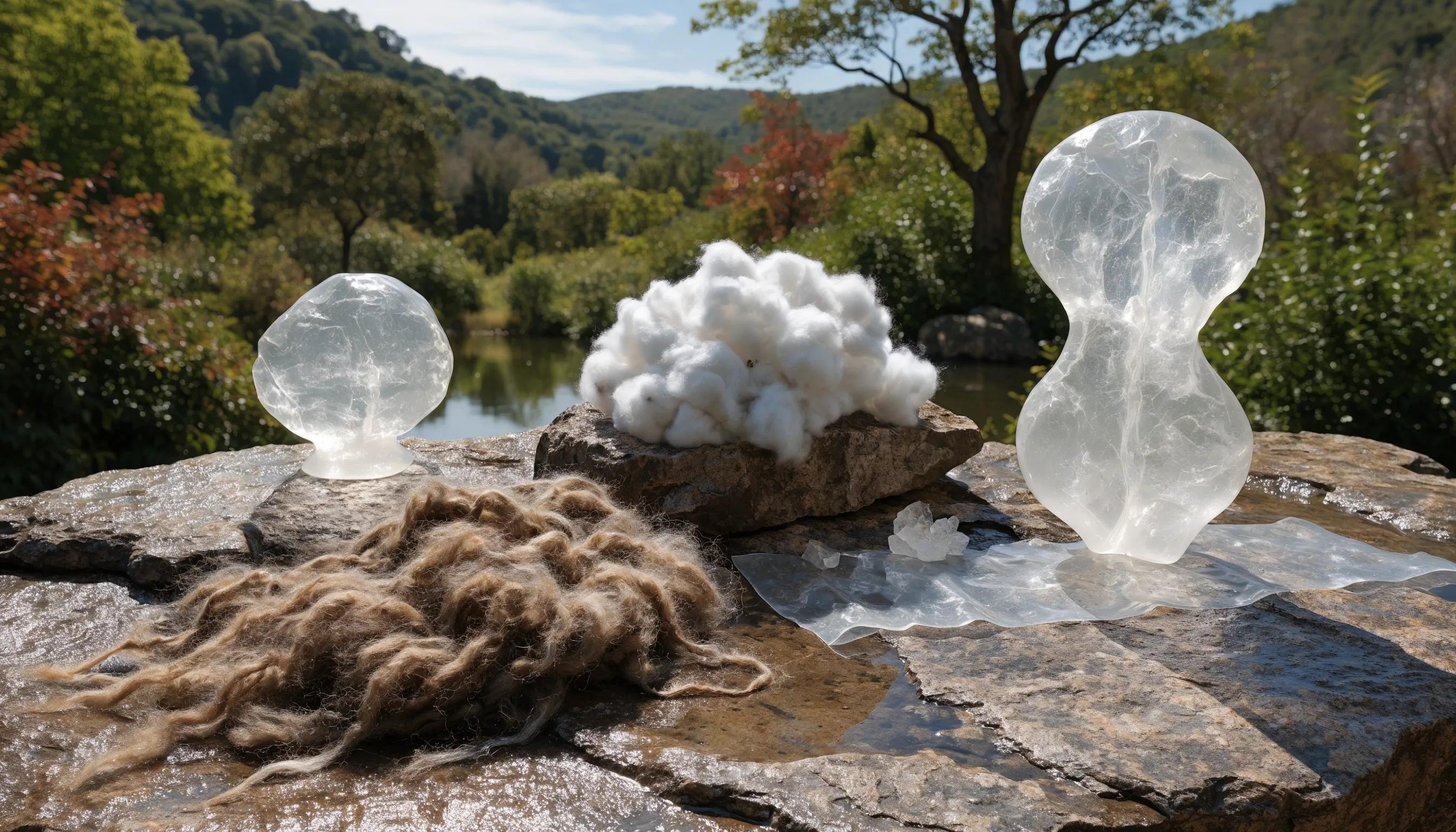 Natural wool, cotton, and latex arranged with greenery highlighting sustainability