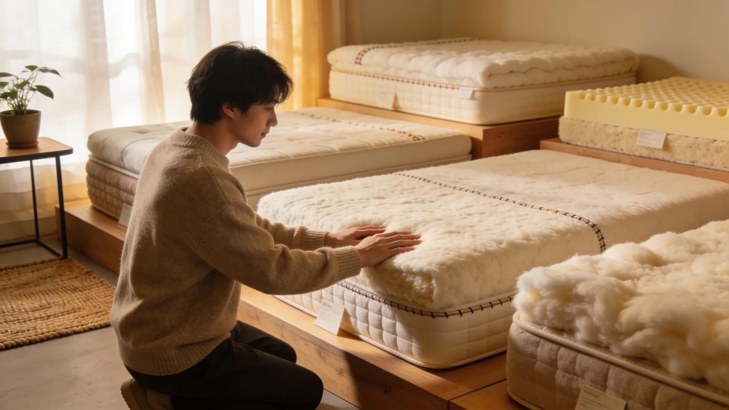 Customer exploring organic futon mattresses in a retail setting