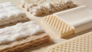 Flat lay of organic materials for futon mattresses: cotton, wool and latex