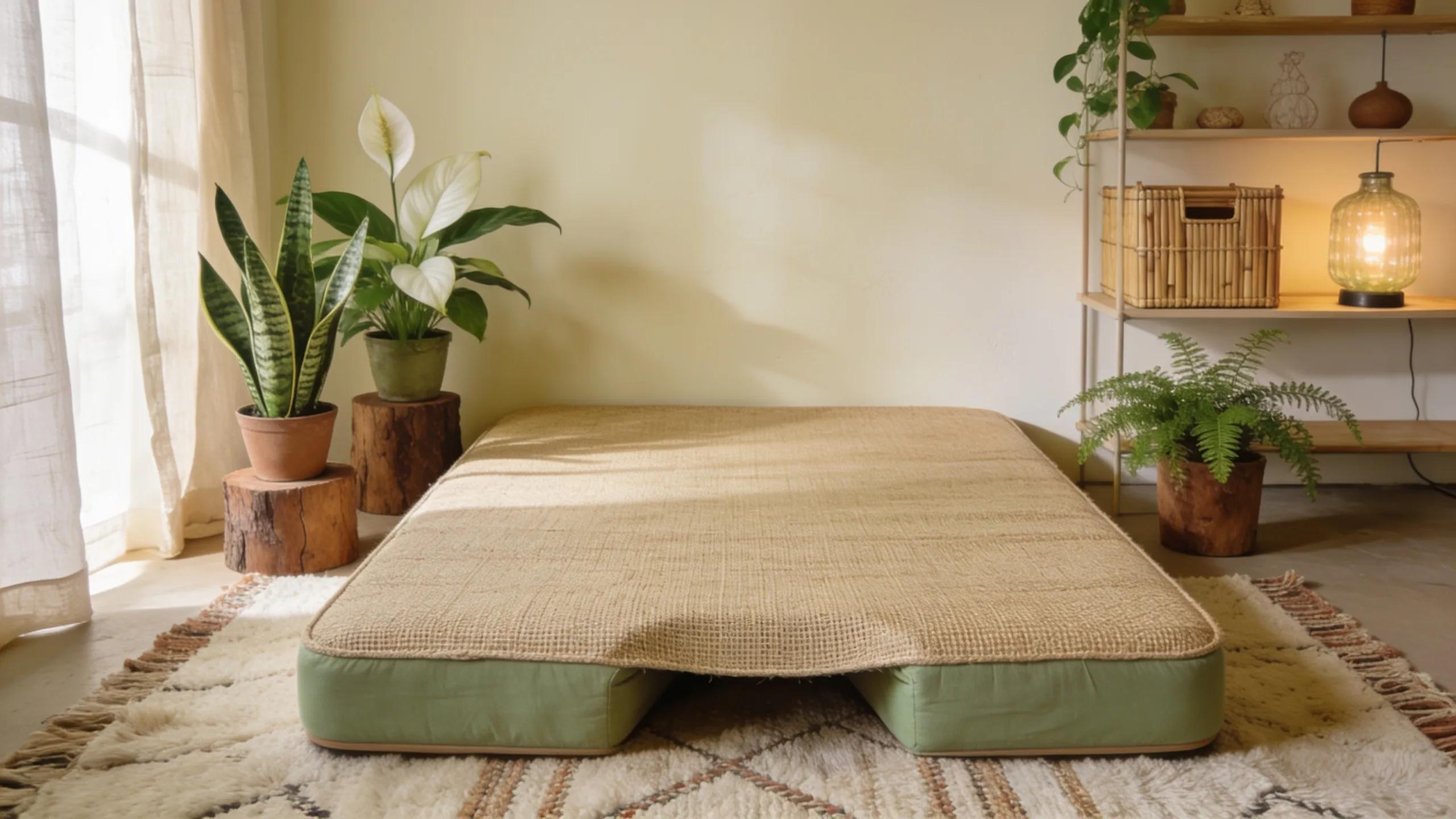 Cozy bedroom showcasing an eco-friendly floor mattress promoting sustainable sleep solutions